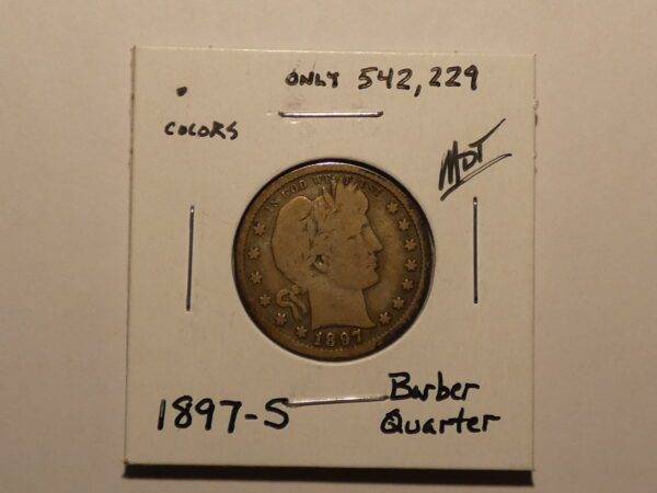 1897-S Barber quarter coin obverse.