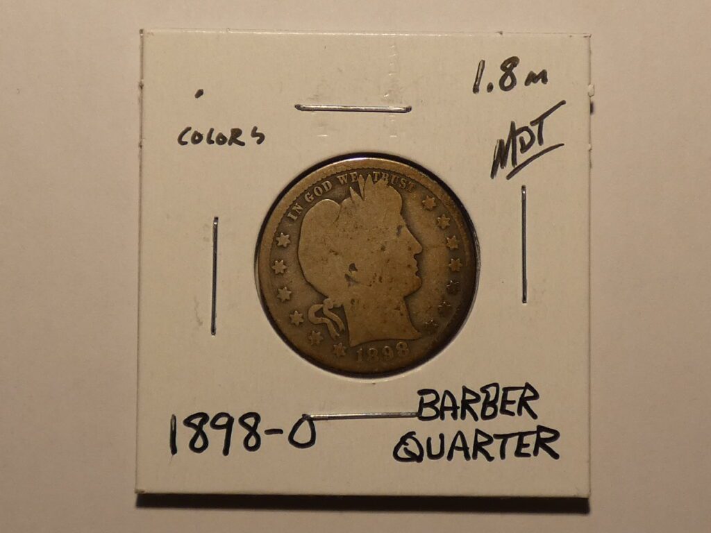 1898 Barber quarter coin obverse.