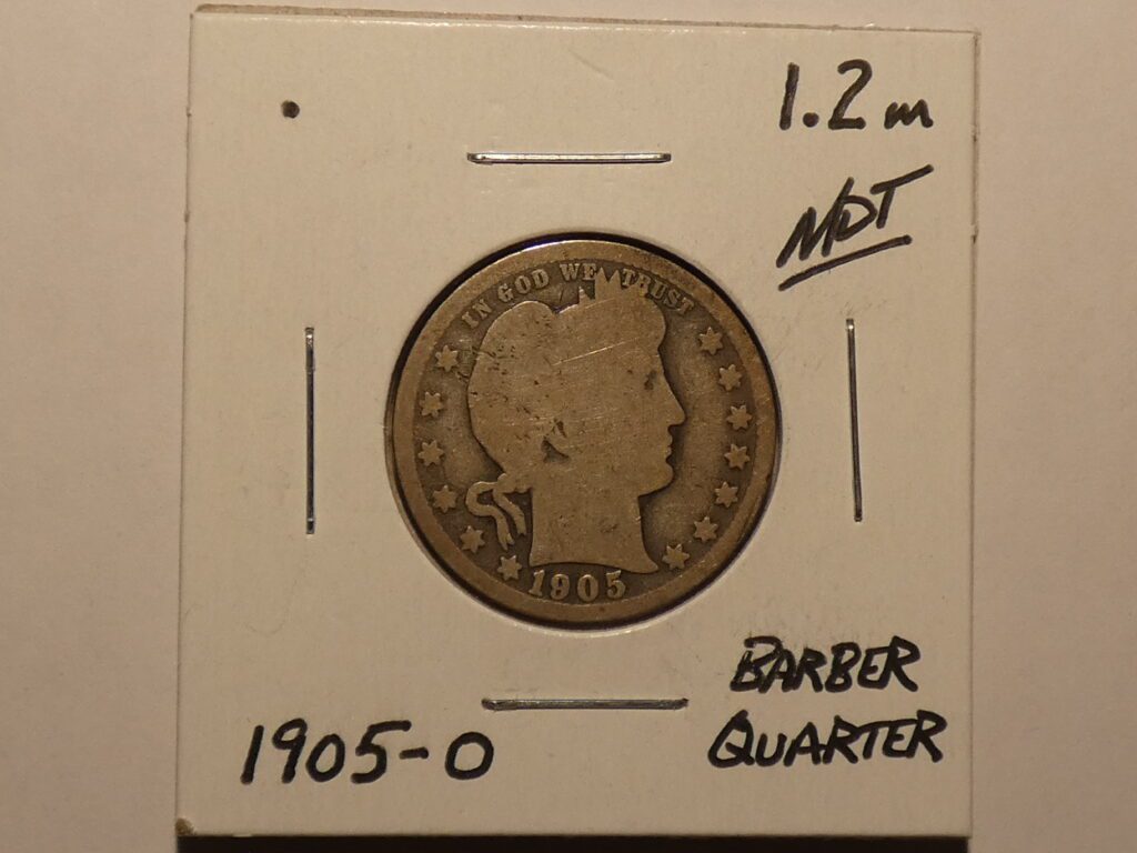 1905 Barber quarter coin obverse.