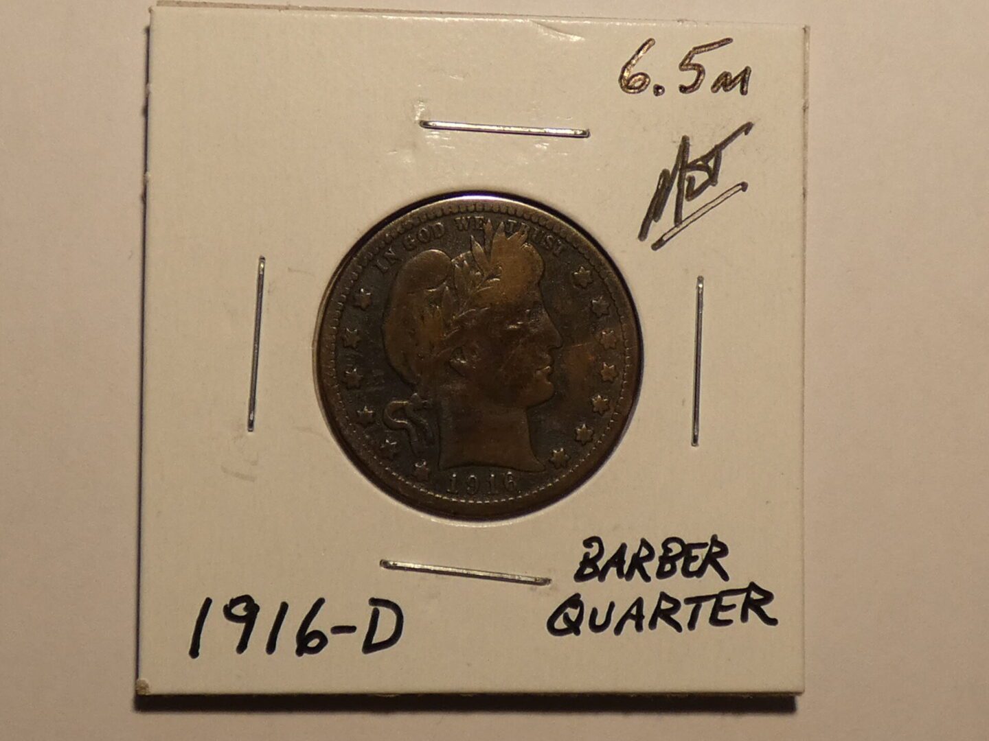 1916-D Barber quarter dollar coin.