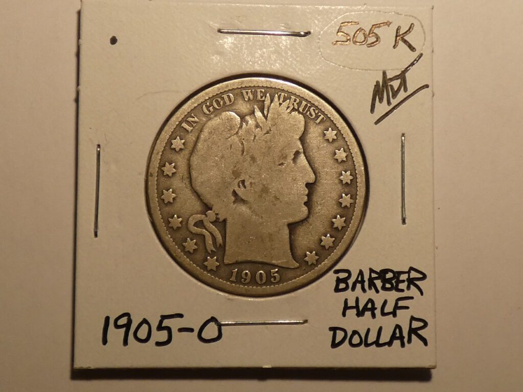 1905 Barber half dollar coin.