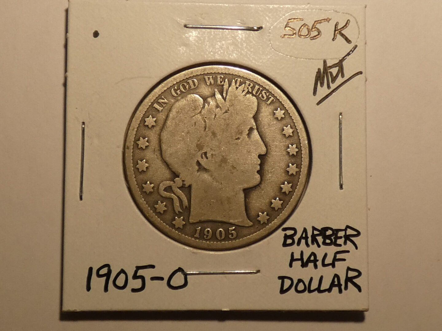 1905 Barber half dollar coin.