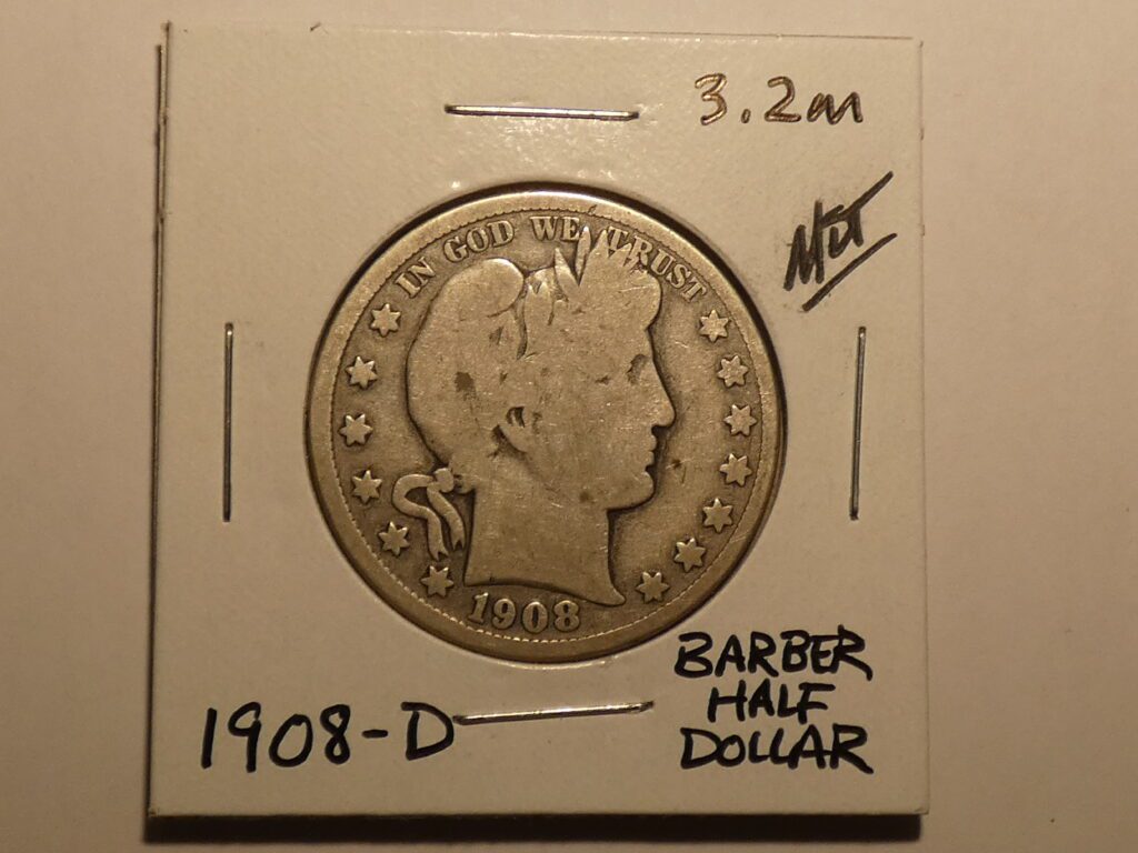 1908-D Barber half dollar coin.