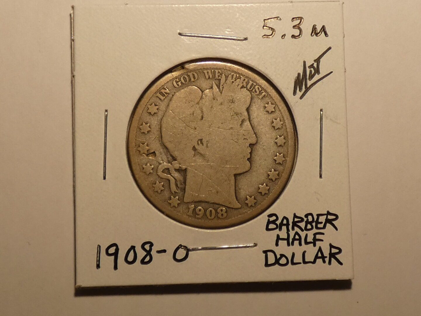 1908 Barber half dollar coin.