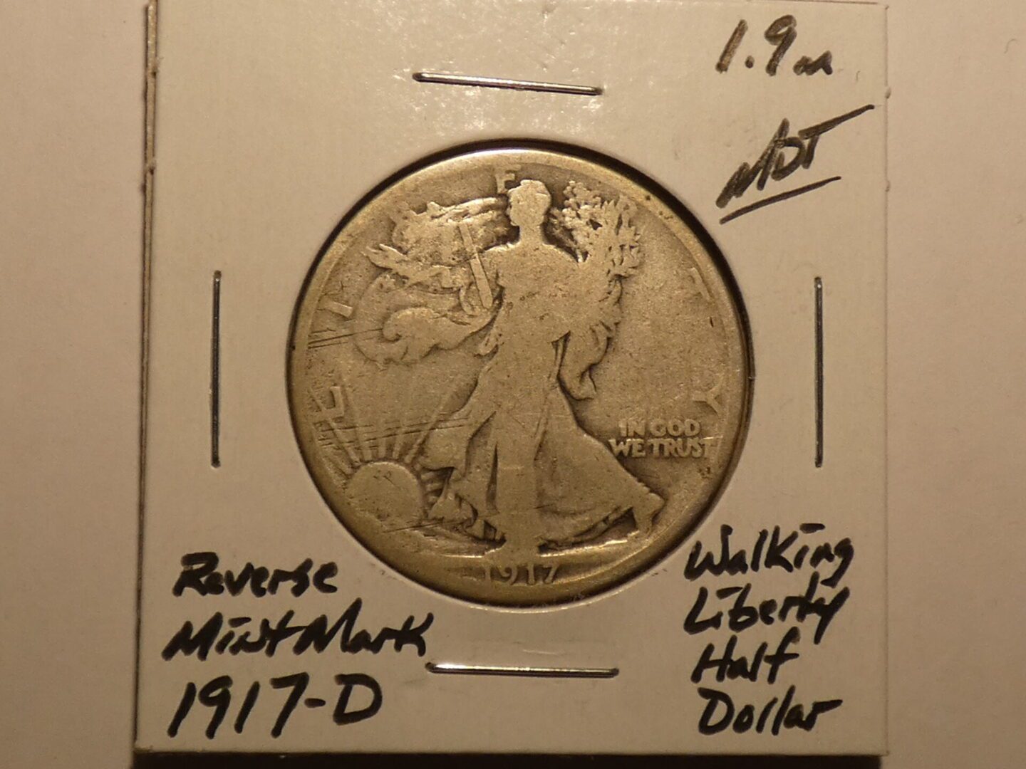 1917-D Walking Liberty half dollar reverse.