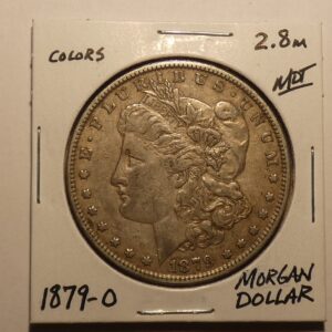 1879 Morgan silver dollar coin.