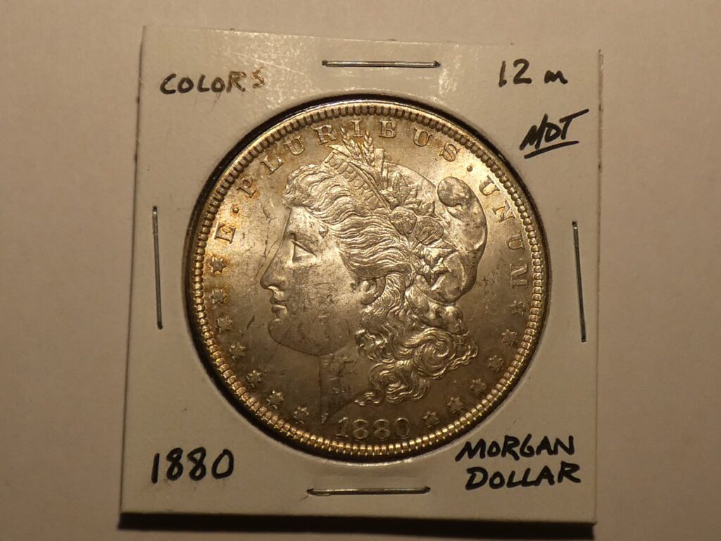 1880 Morgan silver dollar coin.