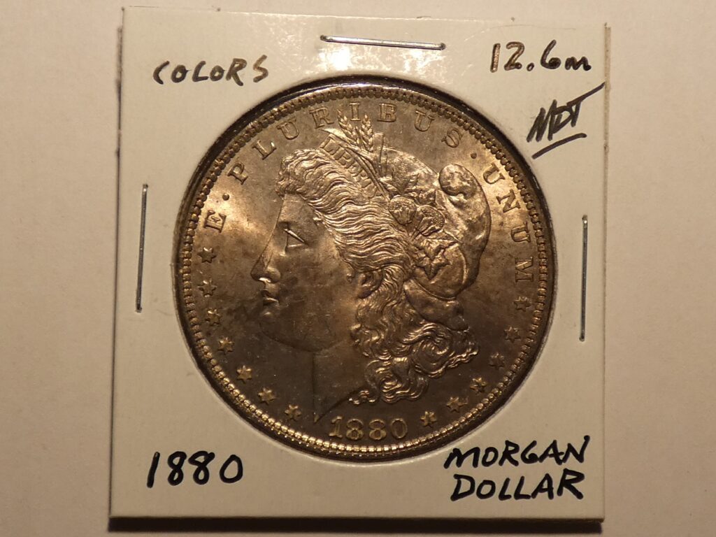 1880 Morgan silver dollar coin.