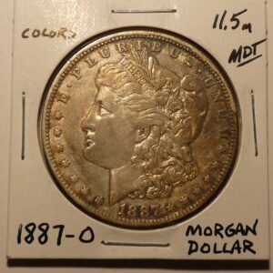 1887 Morgan silver dollar coin.