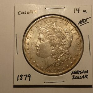 1879 Morgan silver dollar coin.