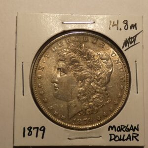 1879 Morgan silver dollar coin.