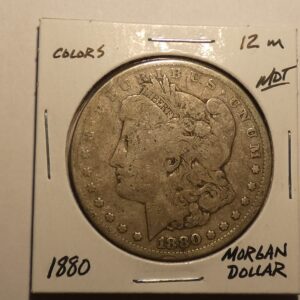 1880 Morgan silver dollar coin.