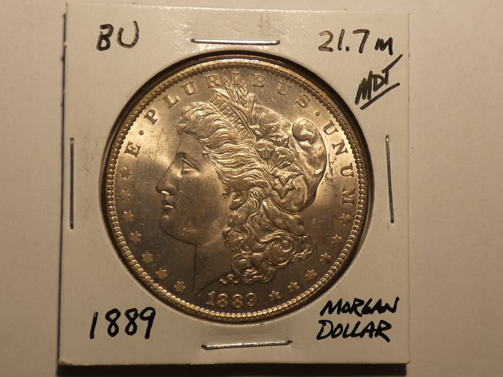 1889 Morgan silver dollar coin.