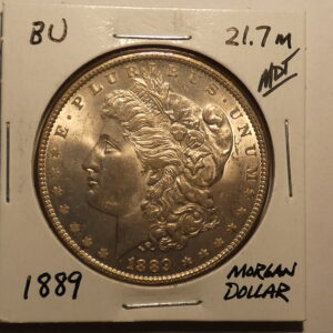 1889 Morgan silver dollar coin.