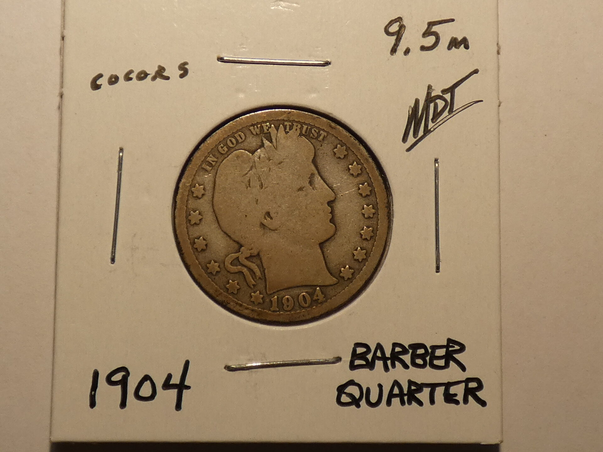 1904 Barber quarter dollar coin.