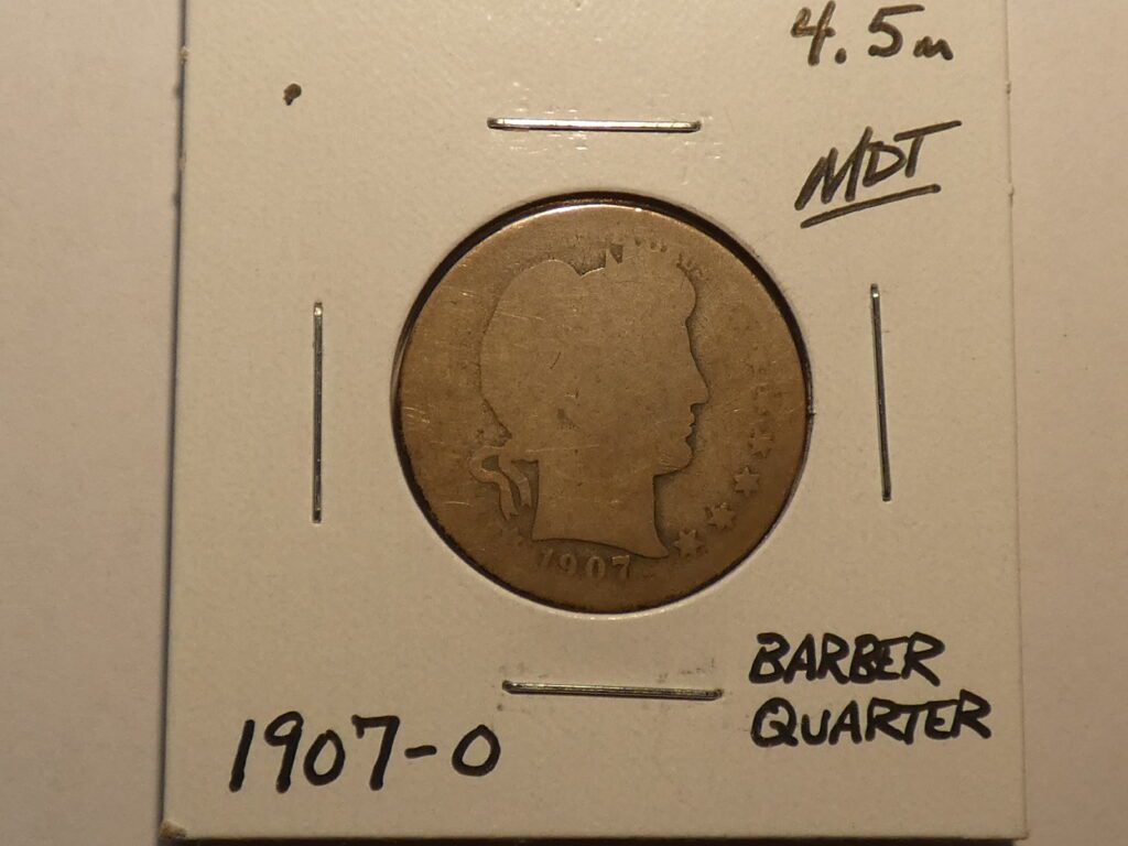 1907 Barber quarter coin obverse.