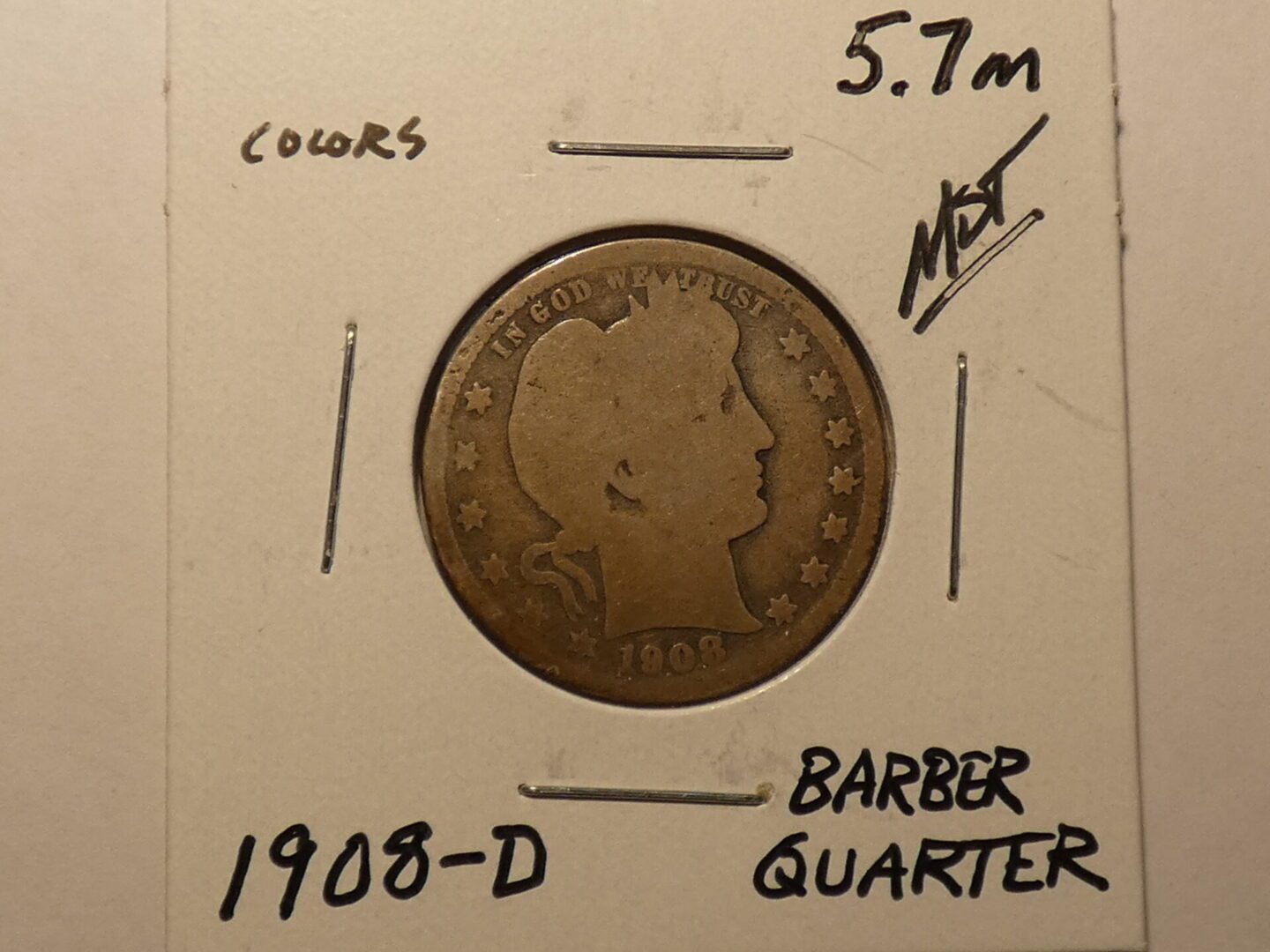 1908-D Barber quarter dollar coin.