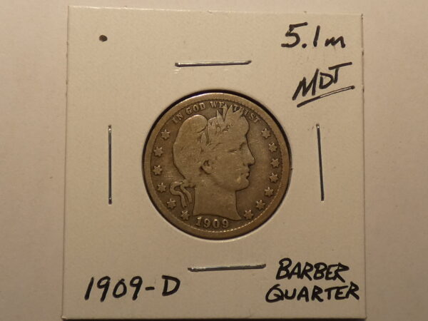 1909-D Barber quarter coin.