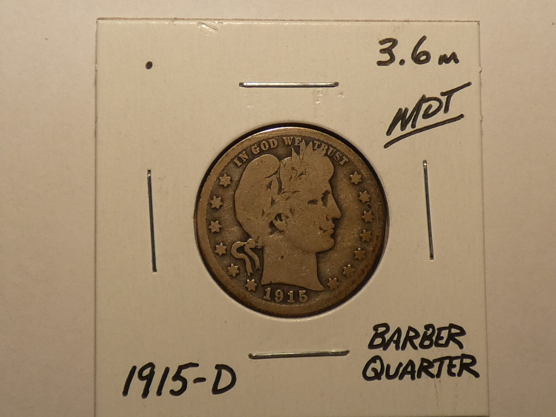 1915-D Barber quarter dollar coin.