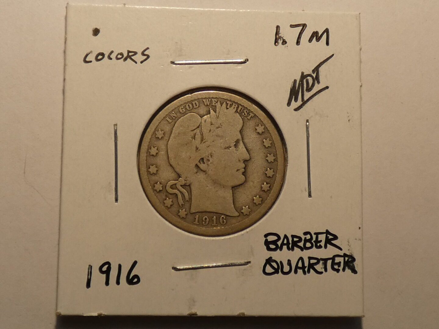 1916 Barber quarter dollar coin.