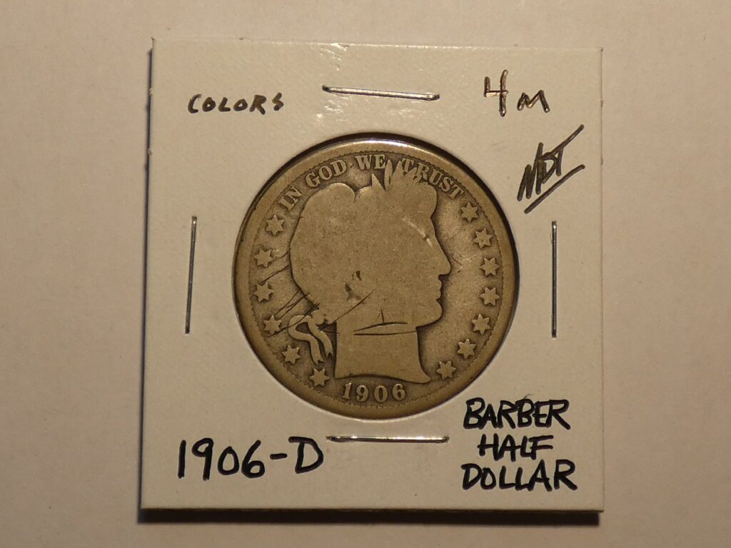 1906-D Barber half dollar coin.