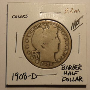 1908-D Barber half dollar coin.