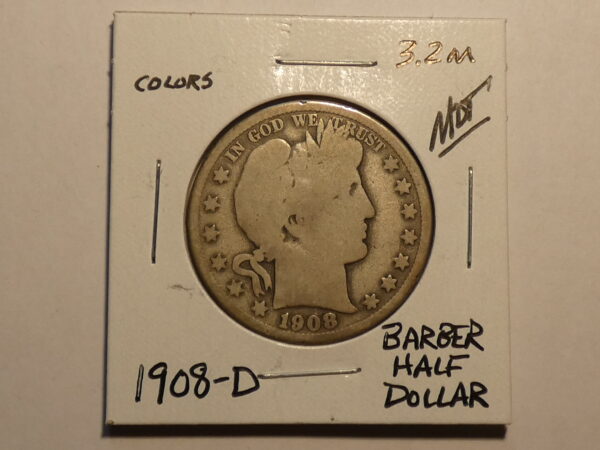 1908-D Barber half dollar coin.