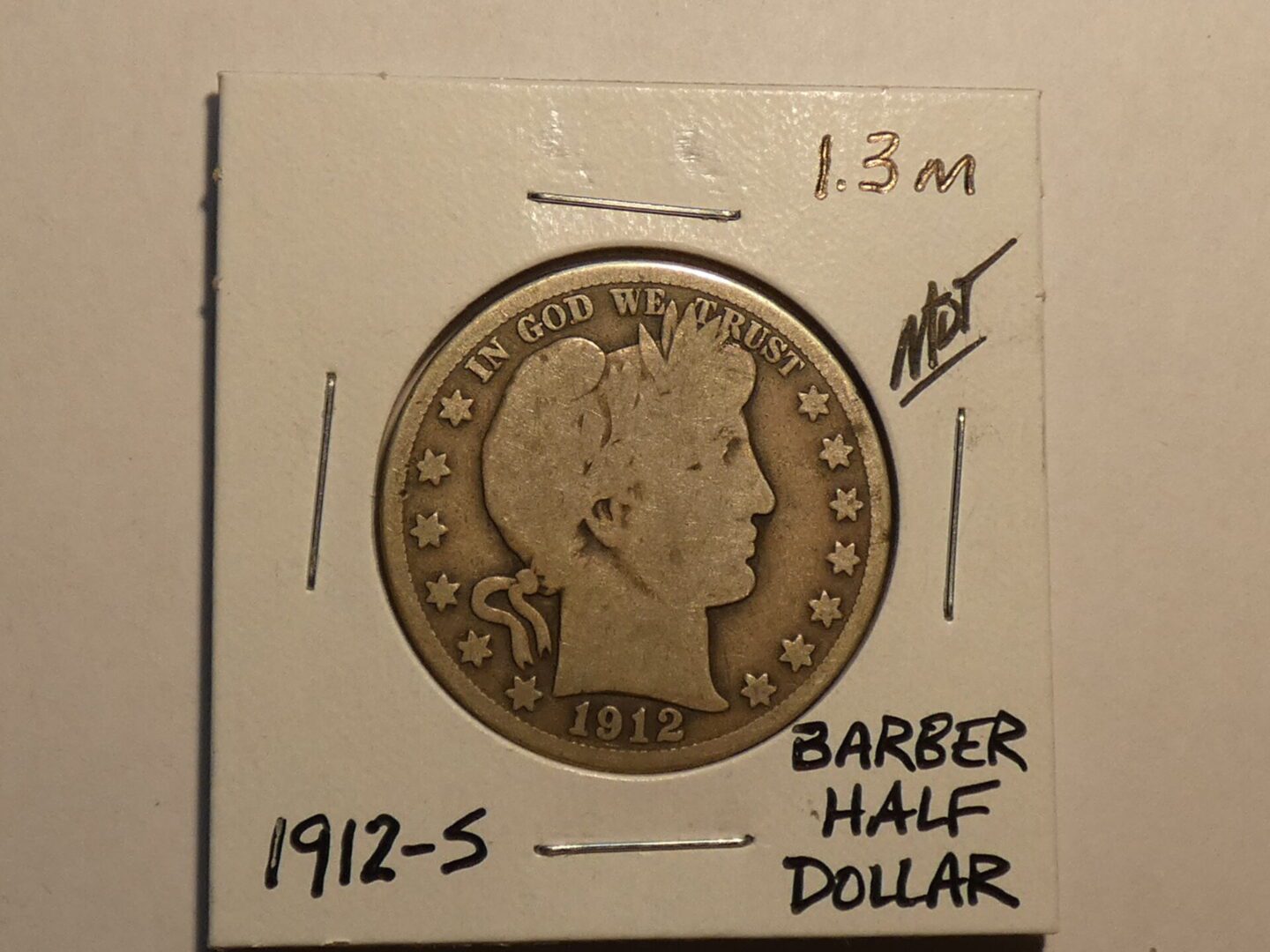 1912-S Barber half dollar coin.