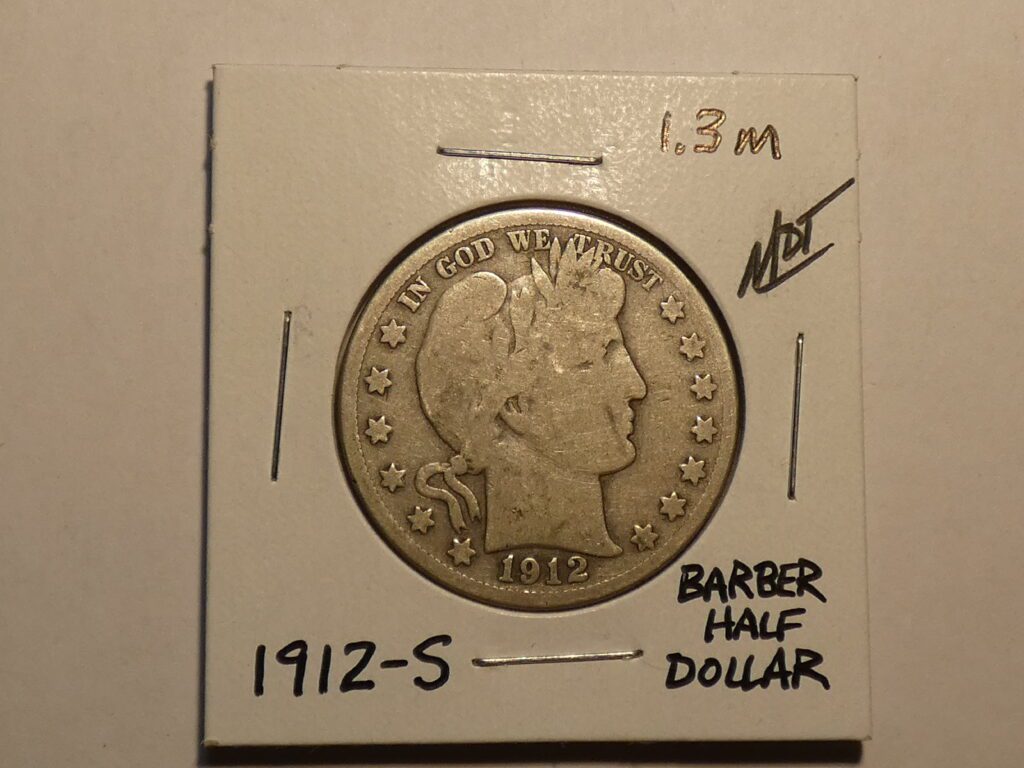 1912-S Barber half dollar coin.