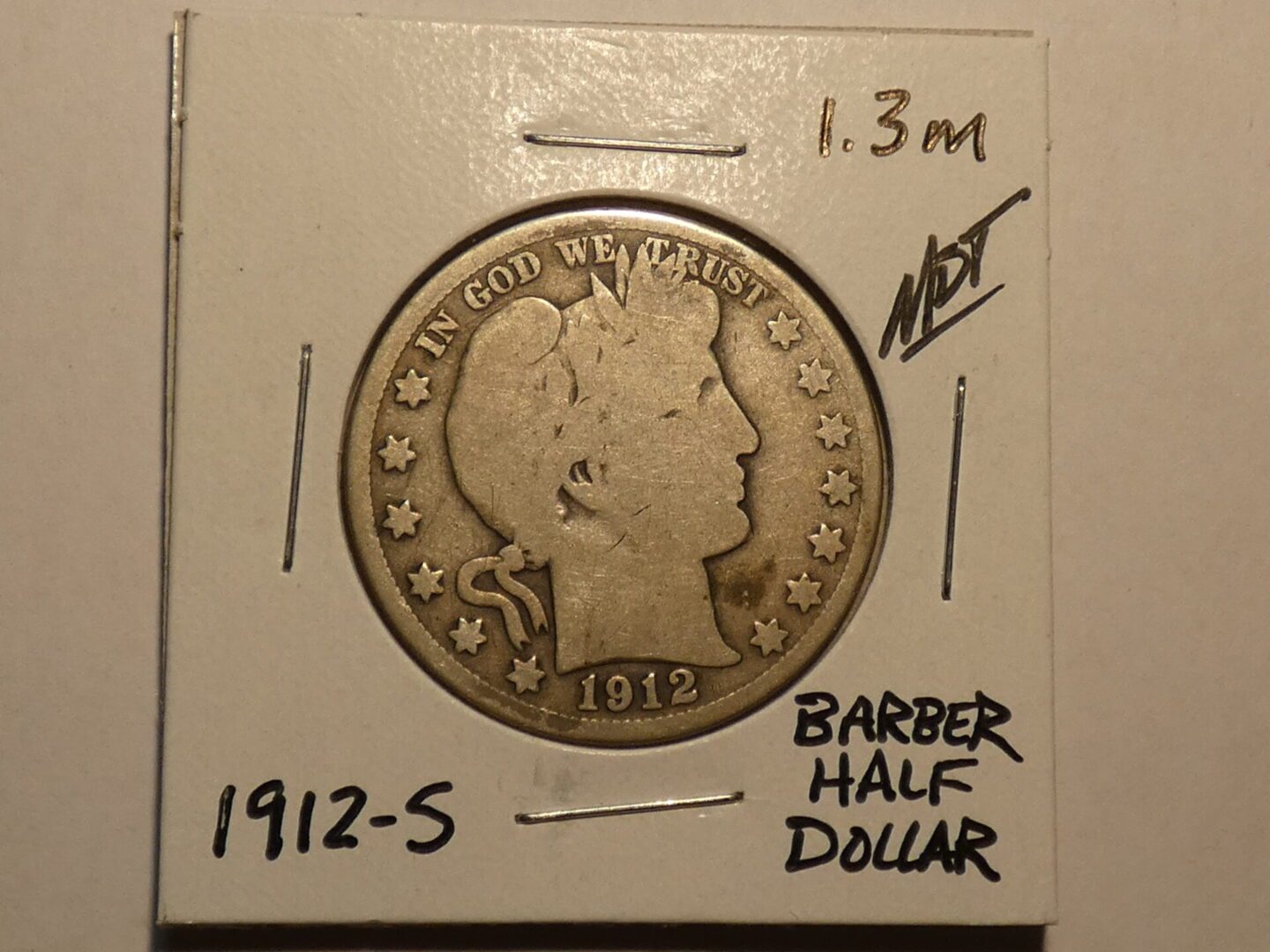 1912-S Barber half dollar coin.