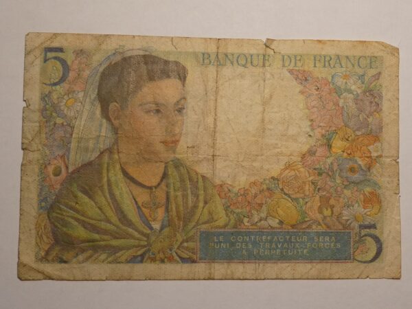 Five Franc Banknote of France.