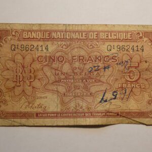 Belgian five franc banknote with ornate design.