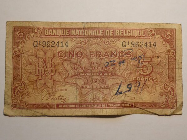 Belgian five franc banknote with ornate design.