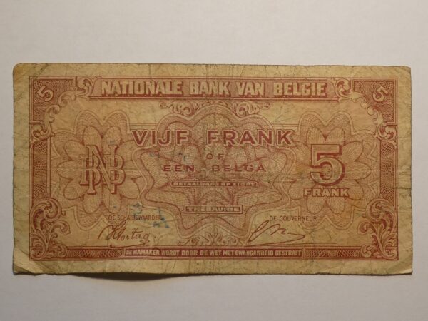 Five Belgian franc banknote from 1920s.