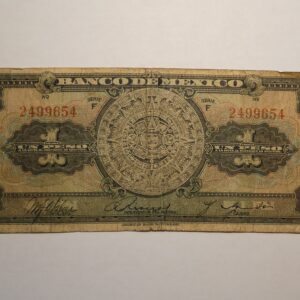 Mexican one peso banknote with Aztec calendar.