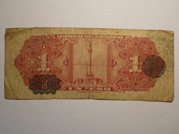 One peso Mexican banknote, old and worn.