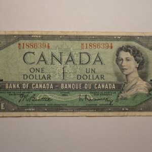 Canadian one dollar bill with Queen Elizabeth II.