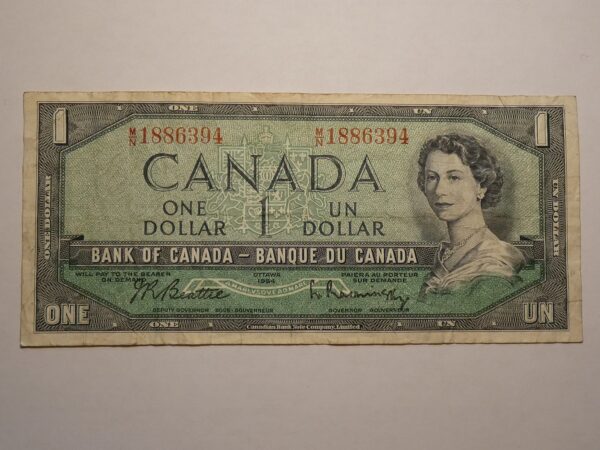 Canadian one dollar bill with Queen Elizabeth II.