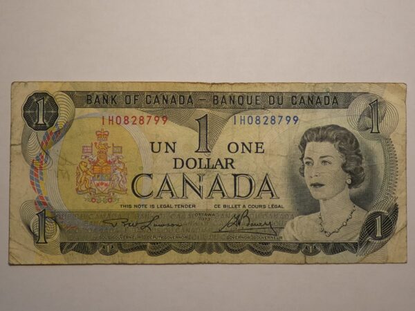 Canadian one dollar bill with Queen Elizabeth II.