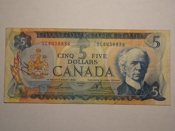 Canadian five dollar bill from 1972.