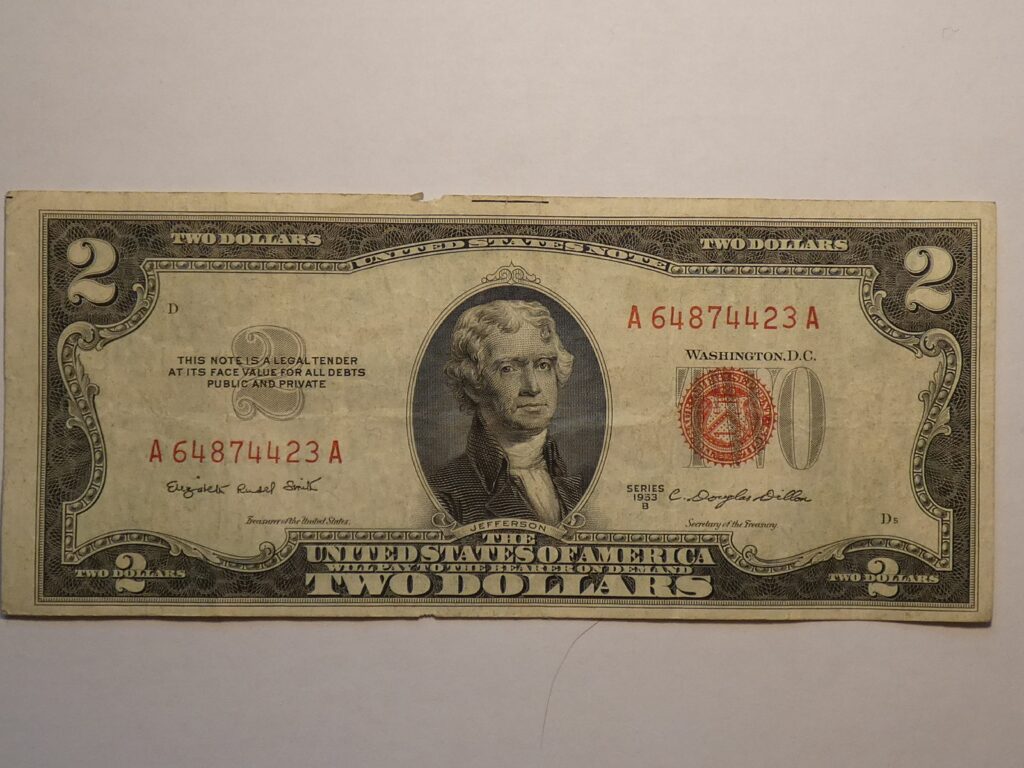 Two dollar bill featuring Thomas Jefferson.