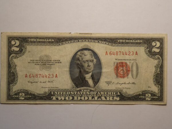 Two dollar bill featuring Thomas Jefferson.