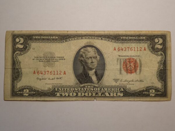 Two dollar bill with portrait of Jefferson.