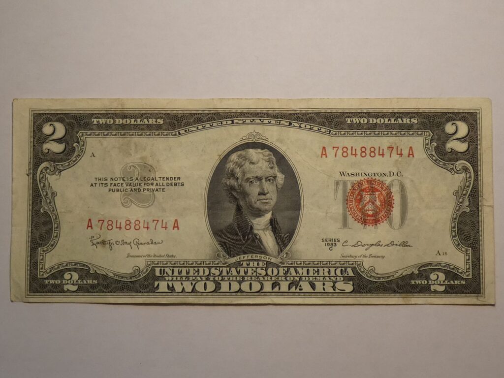 Two dollar bill featuring Thomas Jefferson.