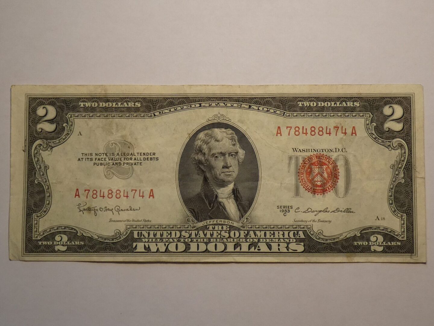 Two dollar bill featuring Thomas Jefferson.