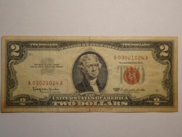 Two dollar bill with portrait of Jefferson.