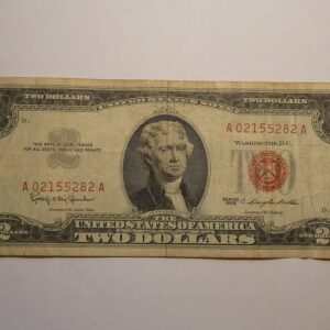 Two dollar bill with Thomas Jefferson portrait.