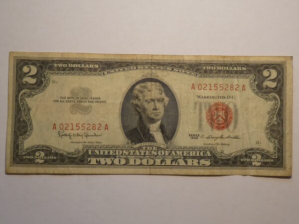 Two dollar bill with Thomas Jefferson portrait.