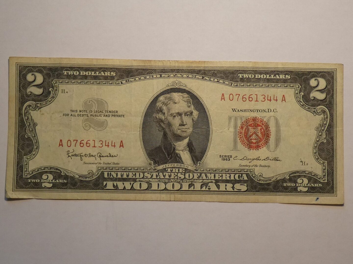 Two dollar bill, Thomas Jefferson portrait.