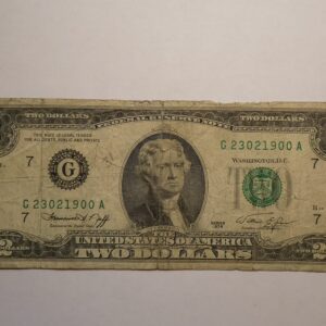 Two dollar bill with Thomas Jefferson portrait.